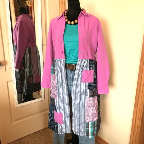 Boho Patchwork Duster Dress, S-M: Upcycled Pink Bohemian Layering Outerwear - Picture 11 of 12